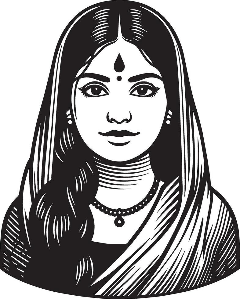 Modern Indian Woman Portrait, Minimalist Line Drawing in Black and White Art Style vector