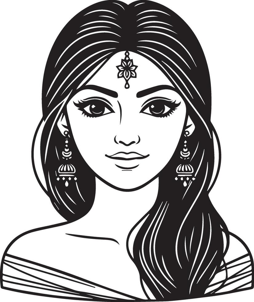 Elegant Indian Woman Line Art, Minimalist Black and White Portrait with Clean Design vector