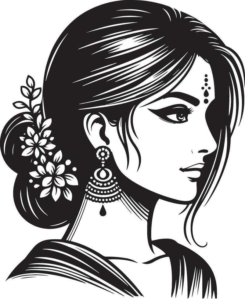 Iconic Black and White Indian Woman Portrait, Minimalist Line Art Design vector