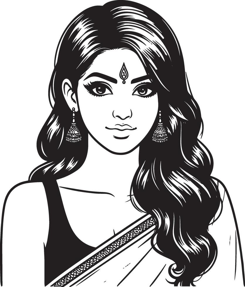 Monochrome Indian Woman Line Drawing, Clean and Simple Art in Iconic Style vector