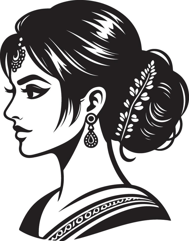 Simplified Indian Woman Line Art, Clean Black and White Portrait Design vector