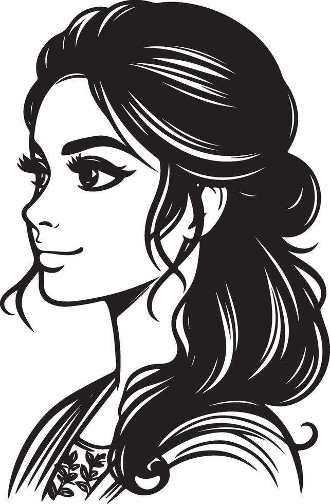 Stylized Black and White Portrait of Indian Woman, Minimalist Line Drawing with Simple Design vector