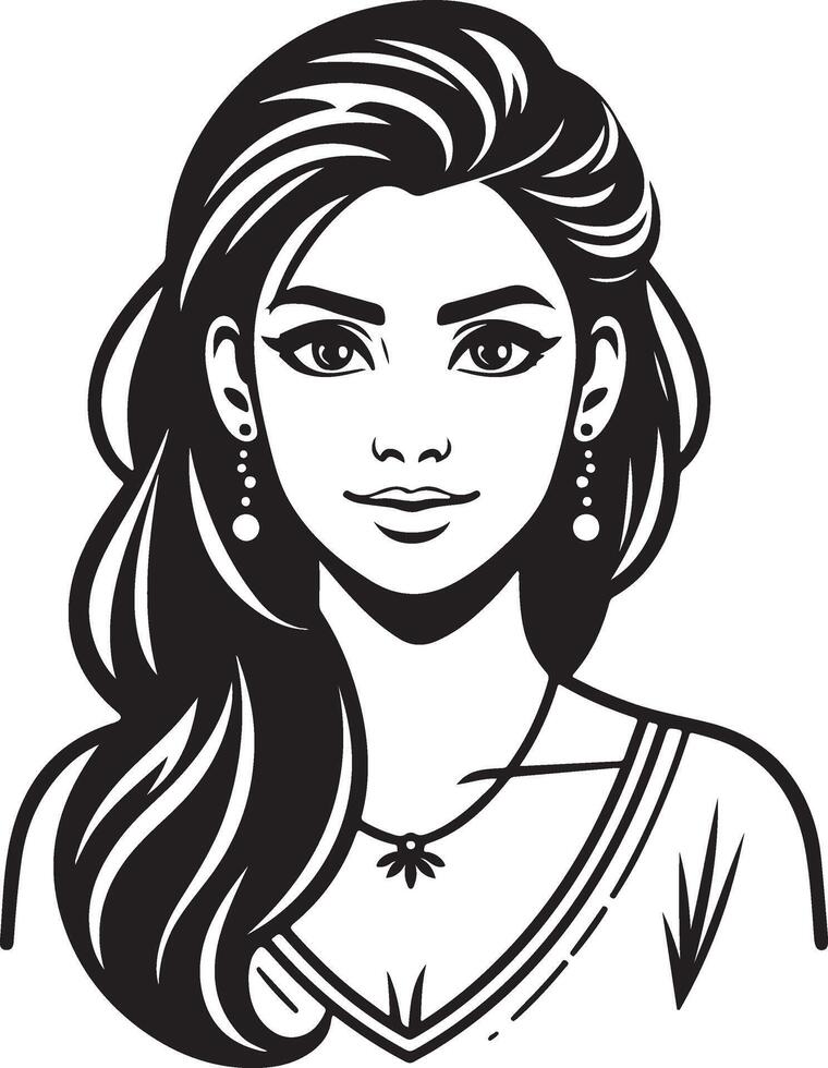 Stylized Indian Woman Portrait in , Minimalist Line Art in Black and White vector