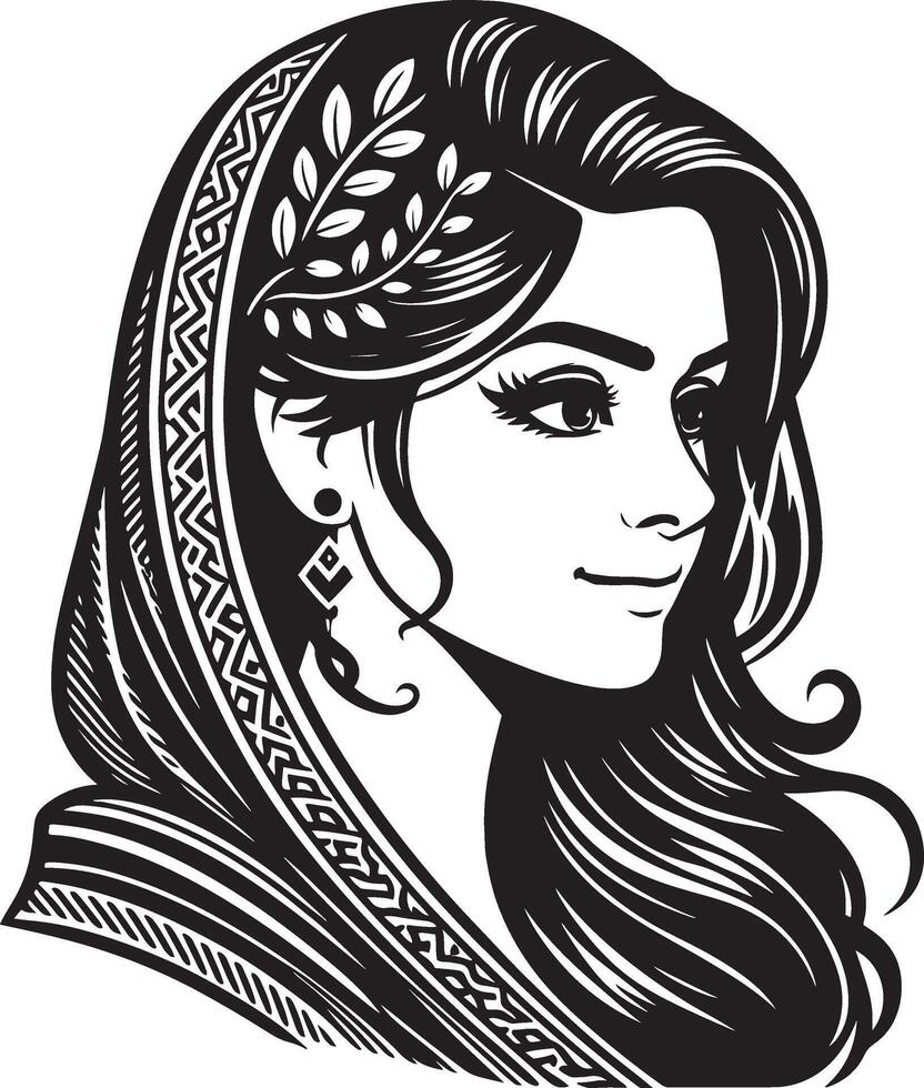 Iconic Line Drawing of Indian Woman, Simplistic Black and White Portrait vector