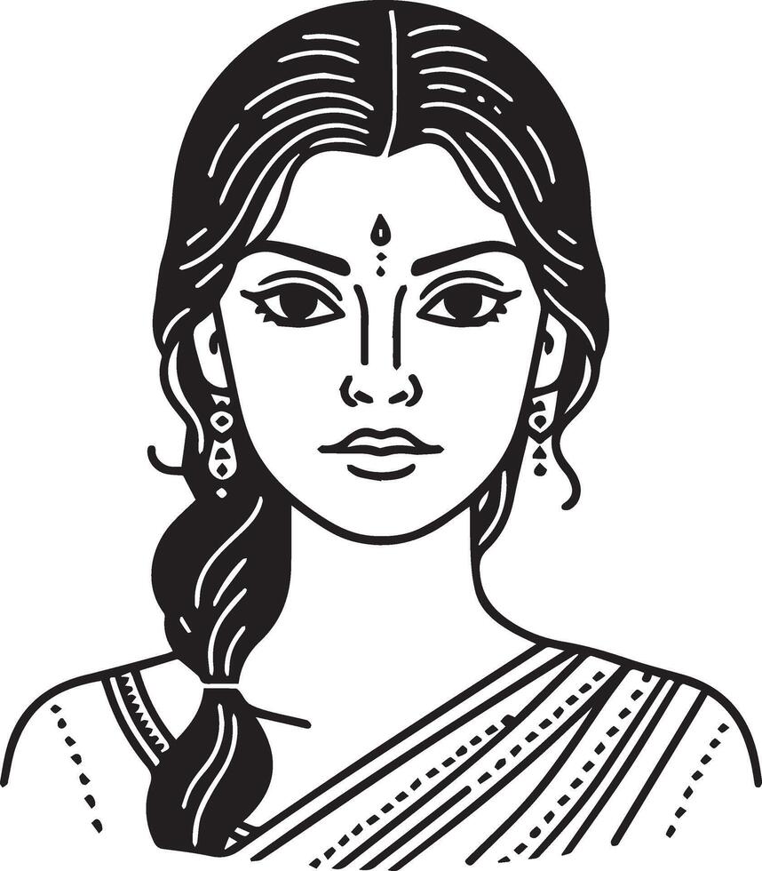 Classic Indian Woman Portrait, Black and White Art with Minimalist Line Work in Iconic Style vector