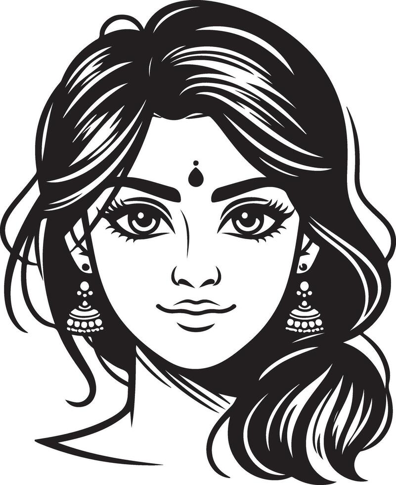 Simplistic Indian Woman Icon Portrait, Black and White with Minimalist Details vector