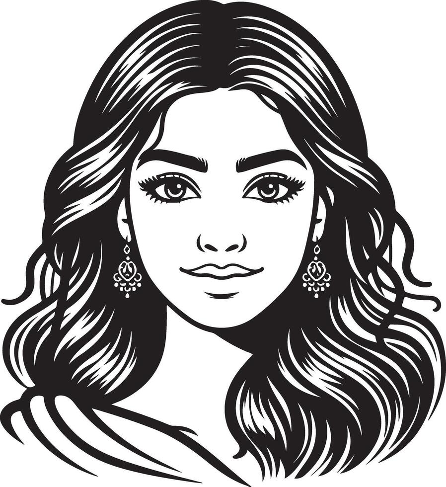 Iconic Indian Woman Portrait in Black and White, Minimalist Line Art in vector