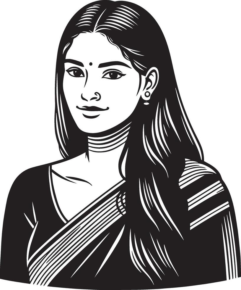 Black and White Indian Woman Portrait, Minimalist Art with Clean Lines and Elegant Style vector