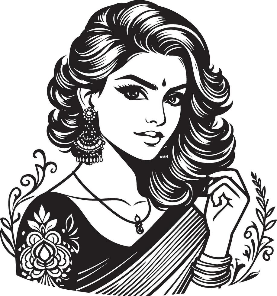Minimalist Indian Woman in Monochrome, Clean and Elegant Line Drawing vector