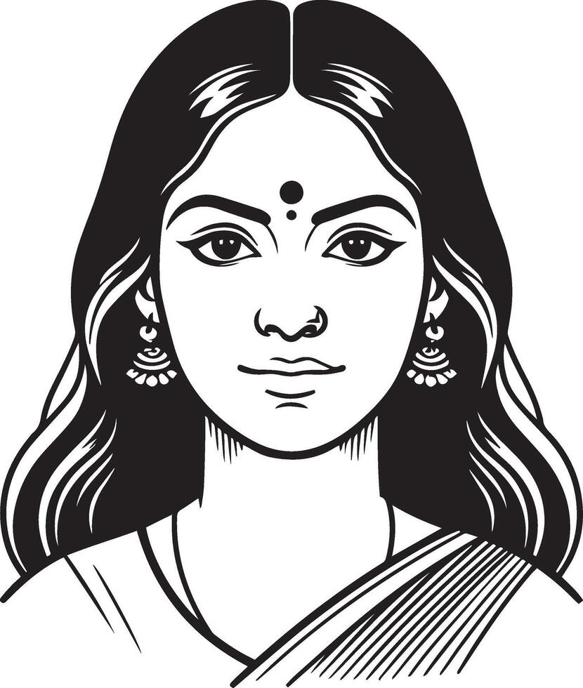 Sleek Indian Woman Portrait, Minimalist Black and White with Simple Icon Style Design vector