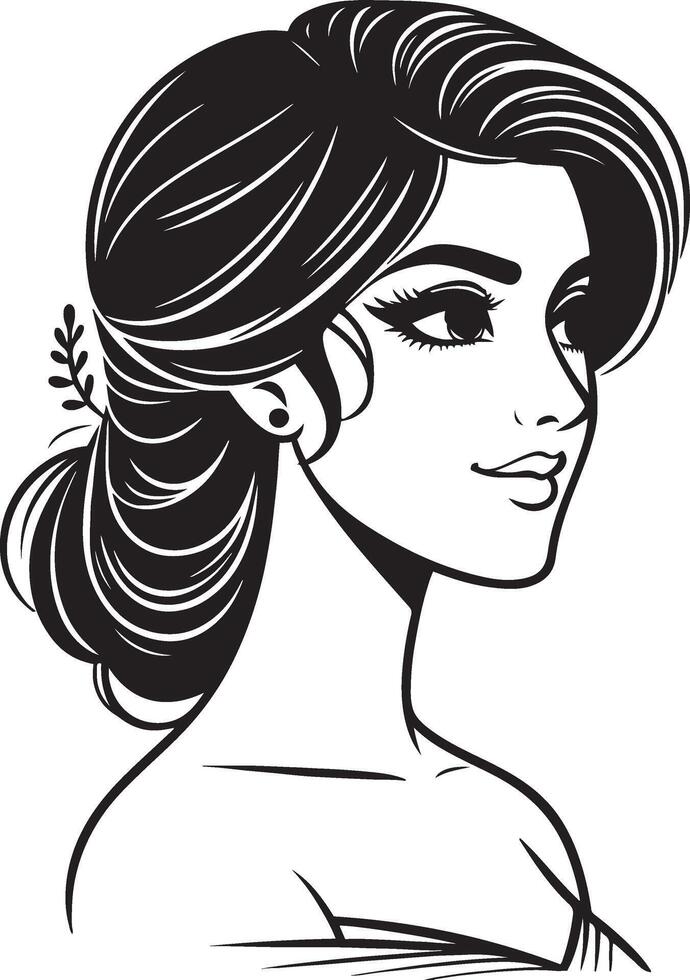 Iconic Line Art of Indian Woman in , Minimalist Black and White Portrait Style vector