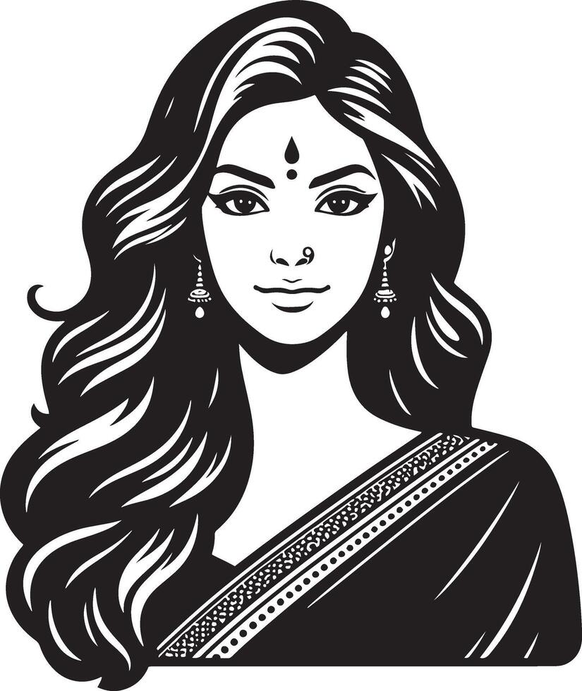 Clean and Minimalist Indian Woman Icon, Simplistic Black and White Portrait vector