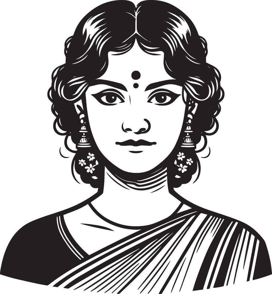 Elegant Indian Woman Art, Simple Line Drawing with Minimalist Black and White Design vector