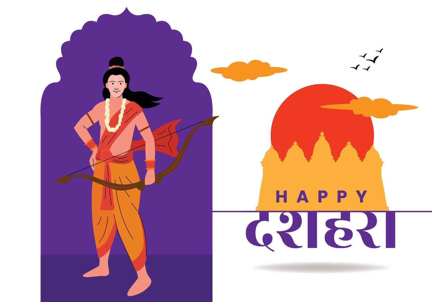 Vibrant Dussehra Greeting with Lord Ram Holding Bow and Arrow and Temple Silhouette vector