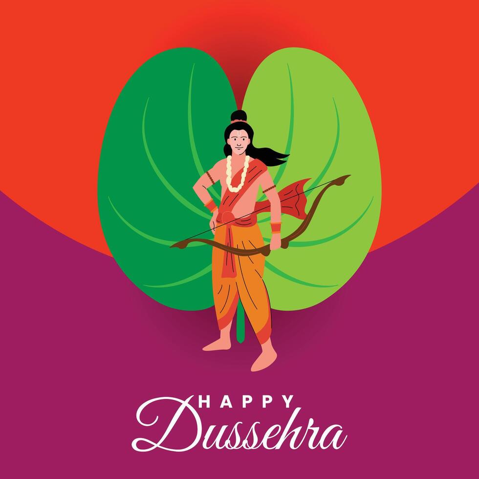 Happy Dussehra Graphic with Lord Ram Holding Bow and Arrow and Dasara Leaf in Background vector
