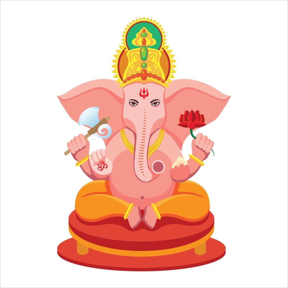 Lord Ganesha Illustration with Four Arms Holding Axe, Lotus, and Sweets on a Pedestal vector