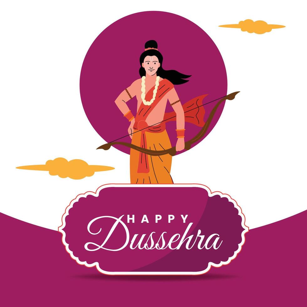 Elegant Happy Dussehra Greeting Featuring Lord Ram with Bow and Arrow on Pink Background vector