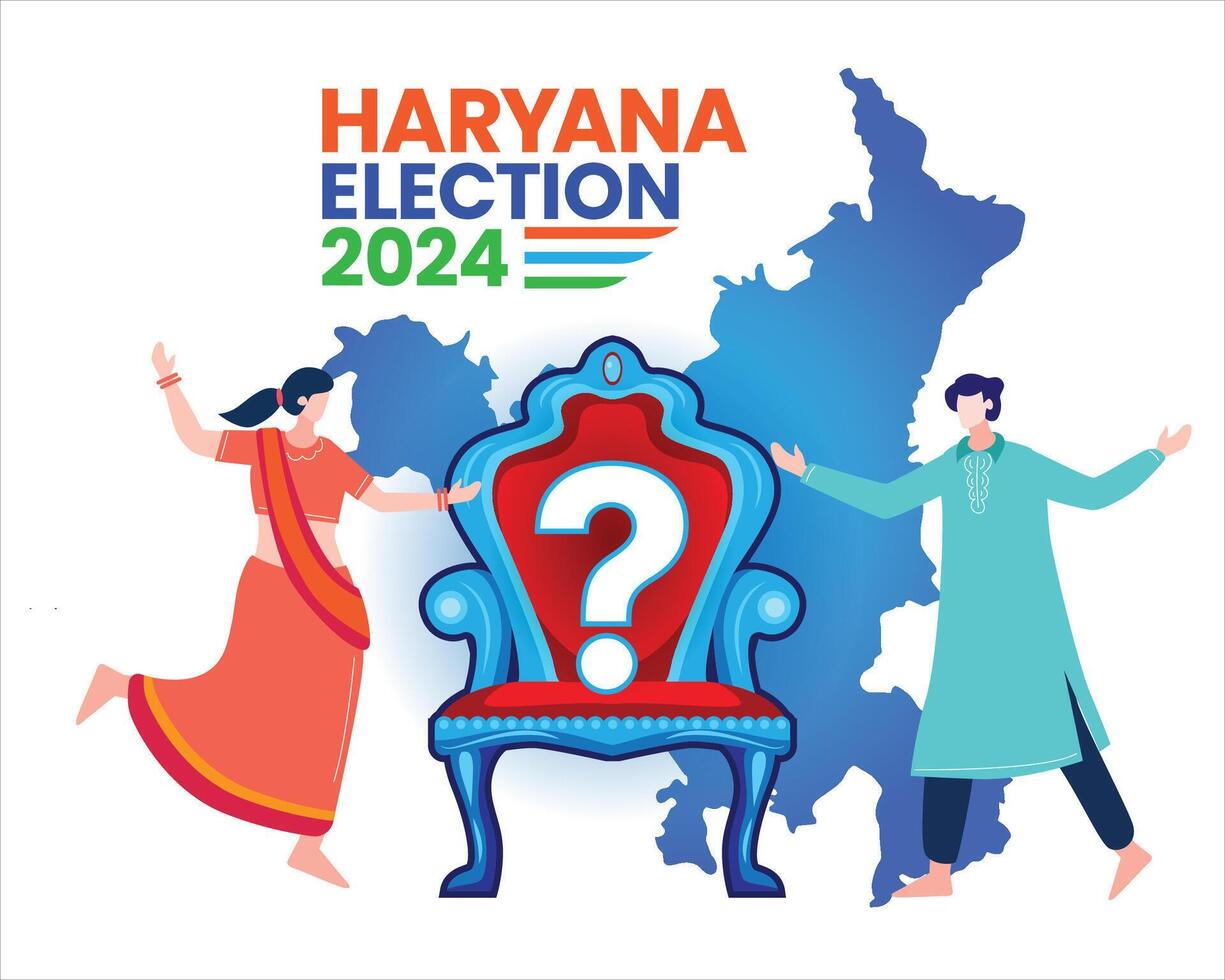 Haryana Election 2024 Poster with Throne and Candidates Illustration on State Map vector