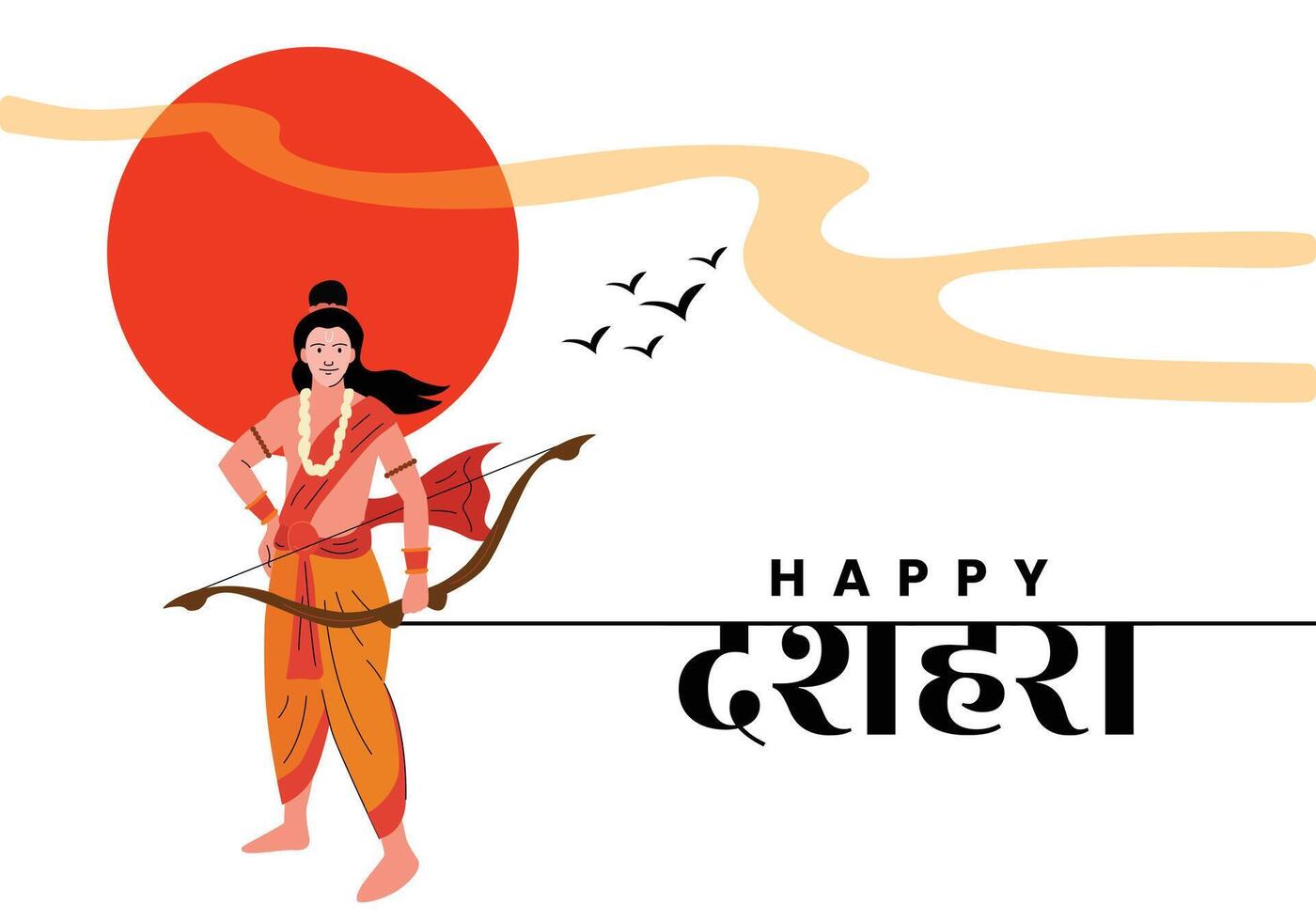 Artistic Happy Dussehra Greeting with Lord Ram Holding Bow and Arrow on White Background vector