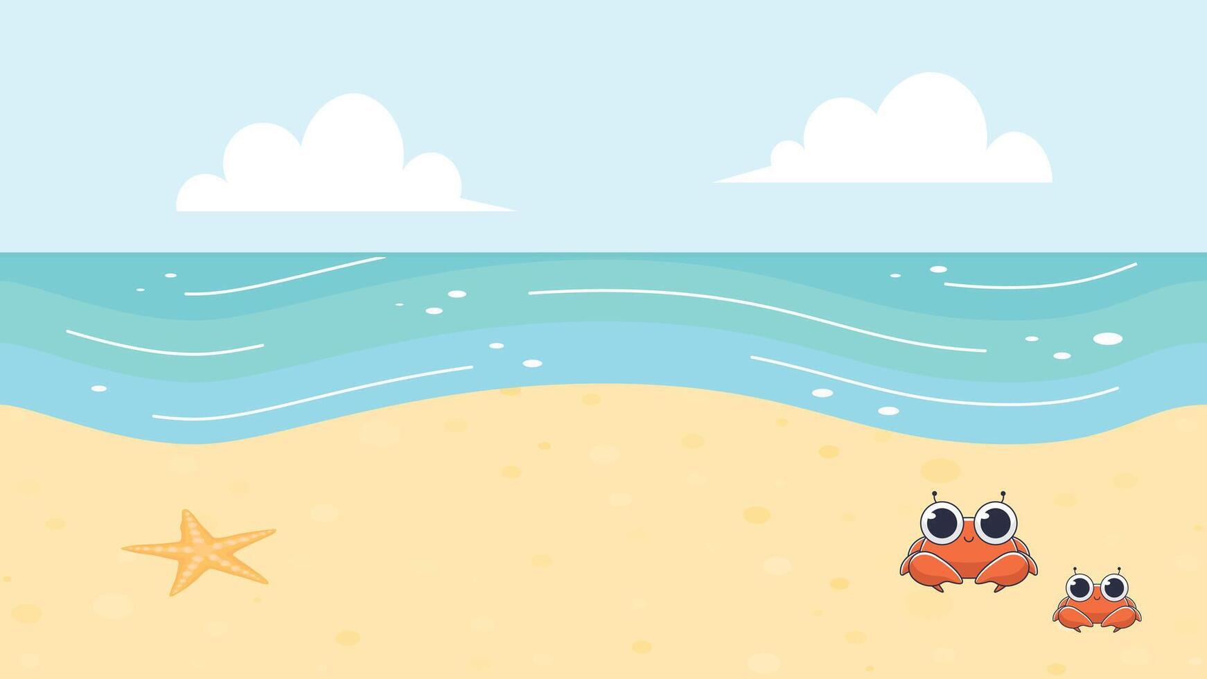 Cartoon Beach Scene with Cute Crabs and Starfish vector