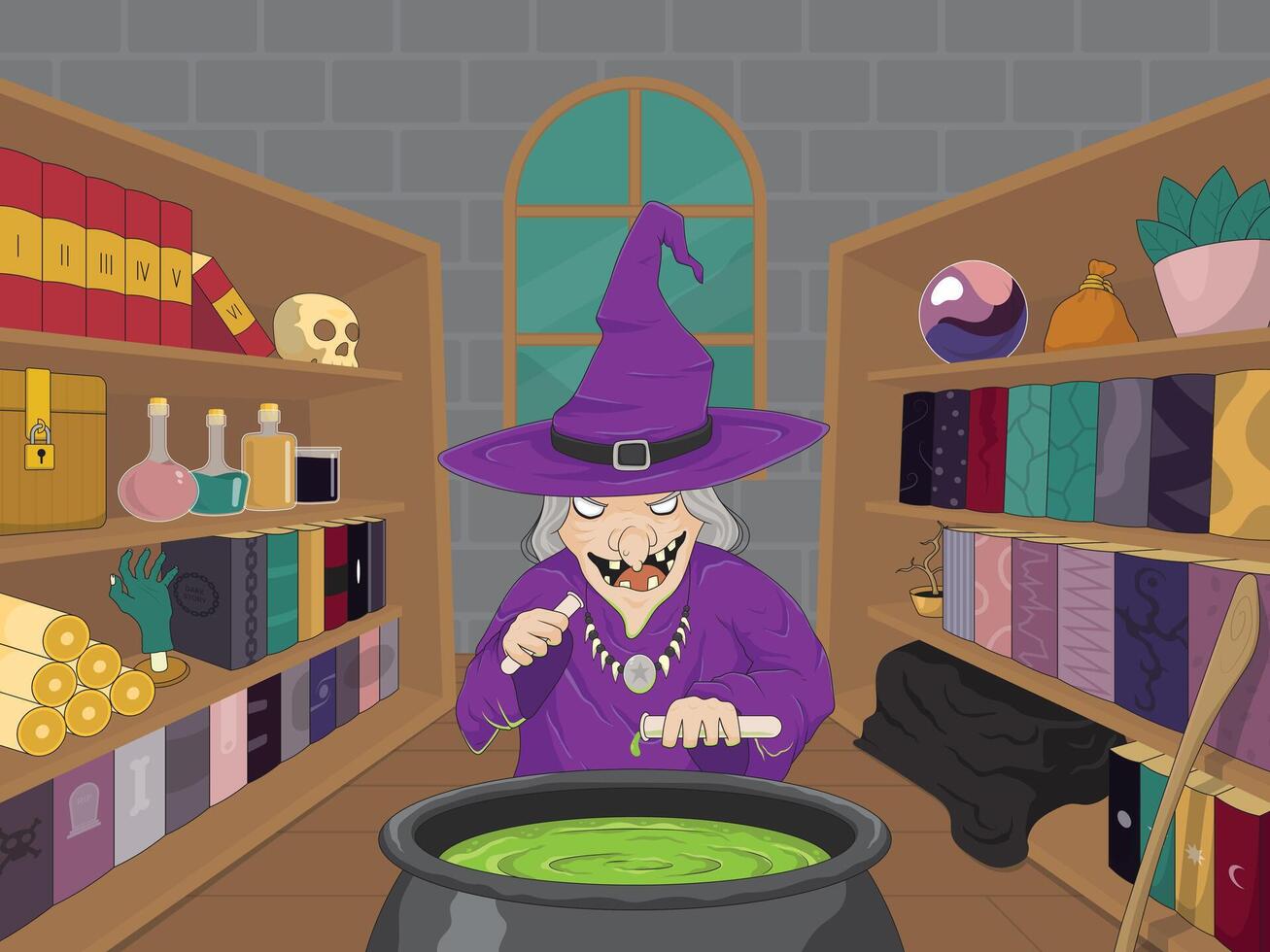 Scene of a witch making a potion in a cauldron in her house full of unique and mysterious items vector