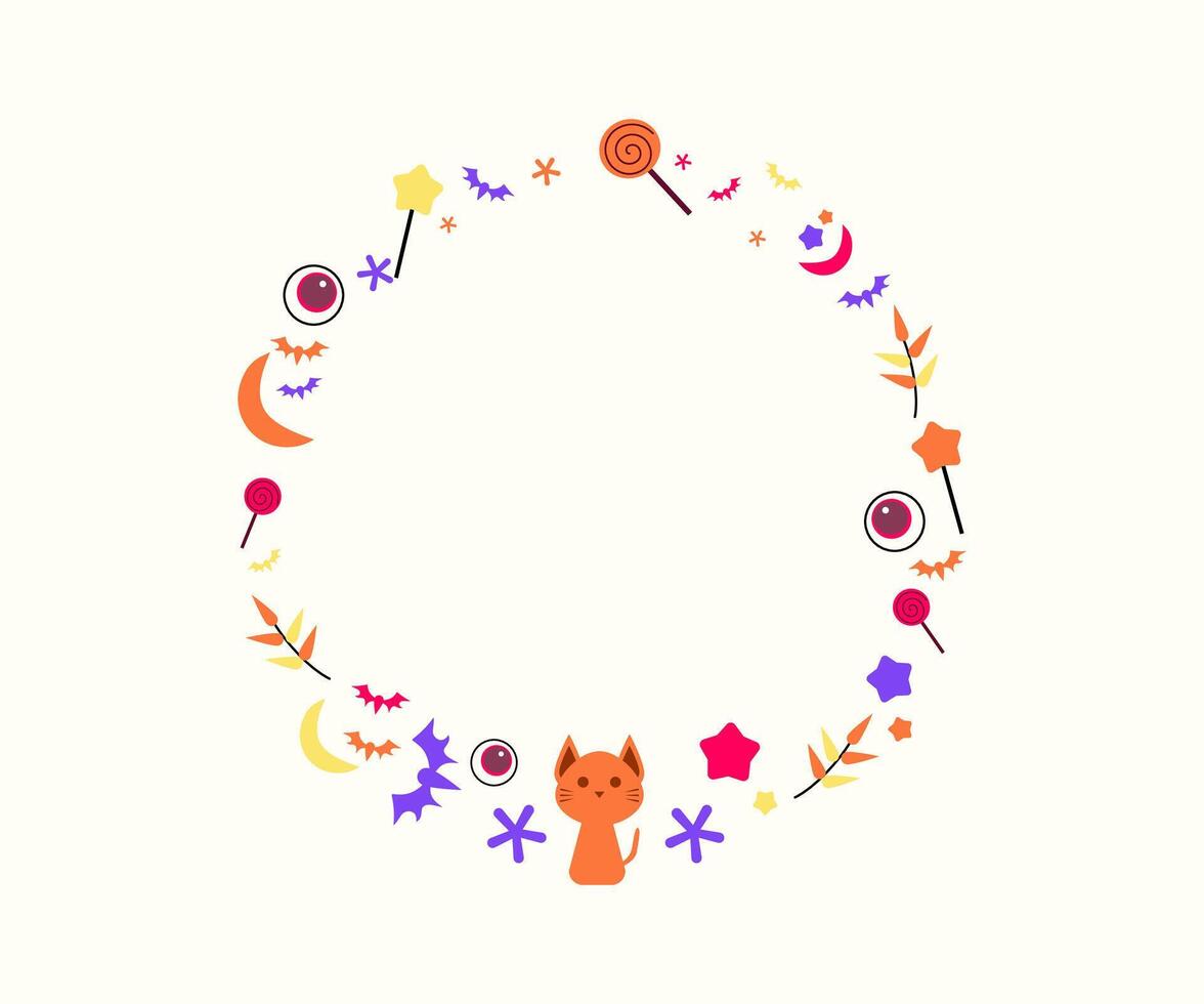 A colorful wreath with a cat and other objects vector
