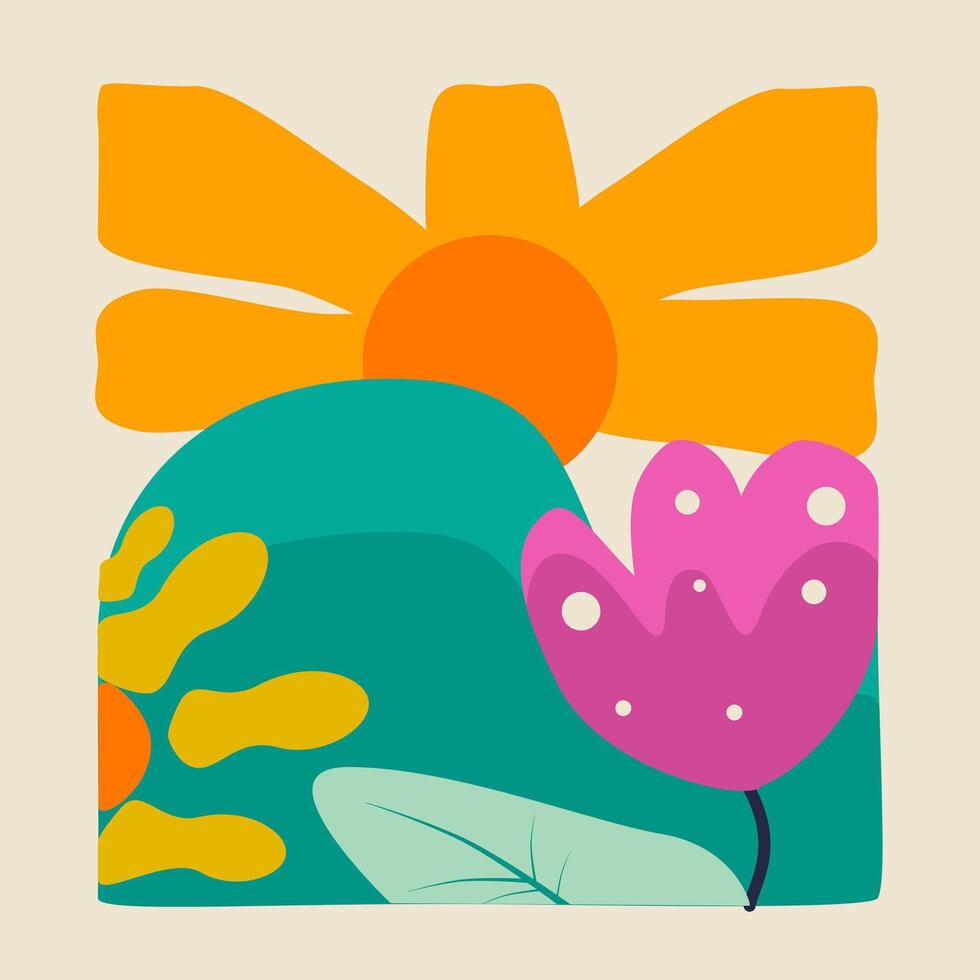 A cartoon sun and flowers in a square vector