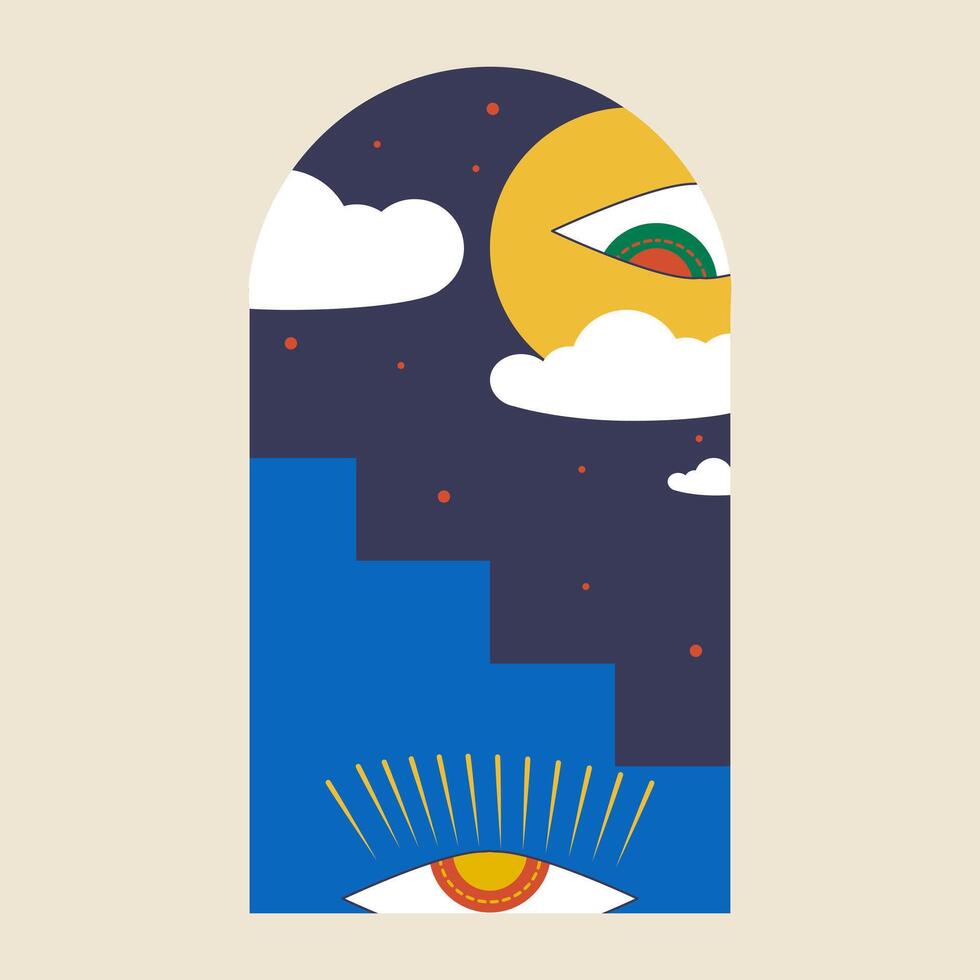 Illustration of a blue sky with a yellow eye and clouds vector