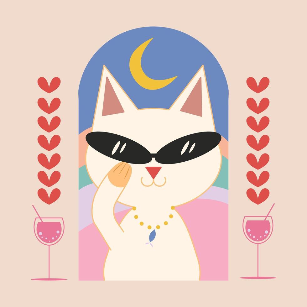 A cat wearing sunglasses and holding a glass of wine vector