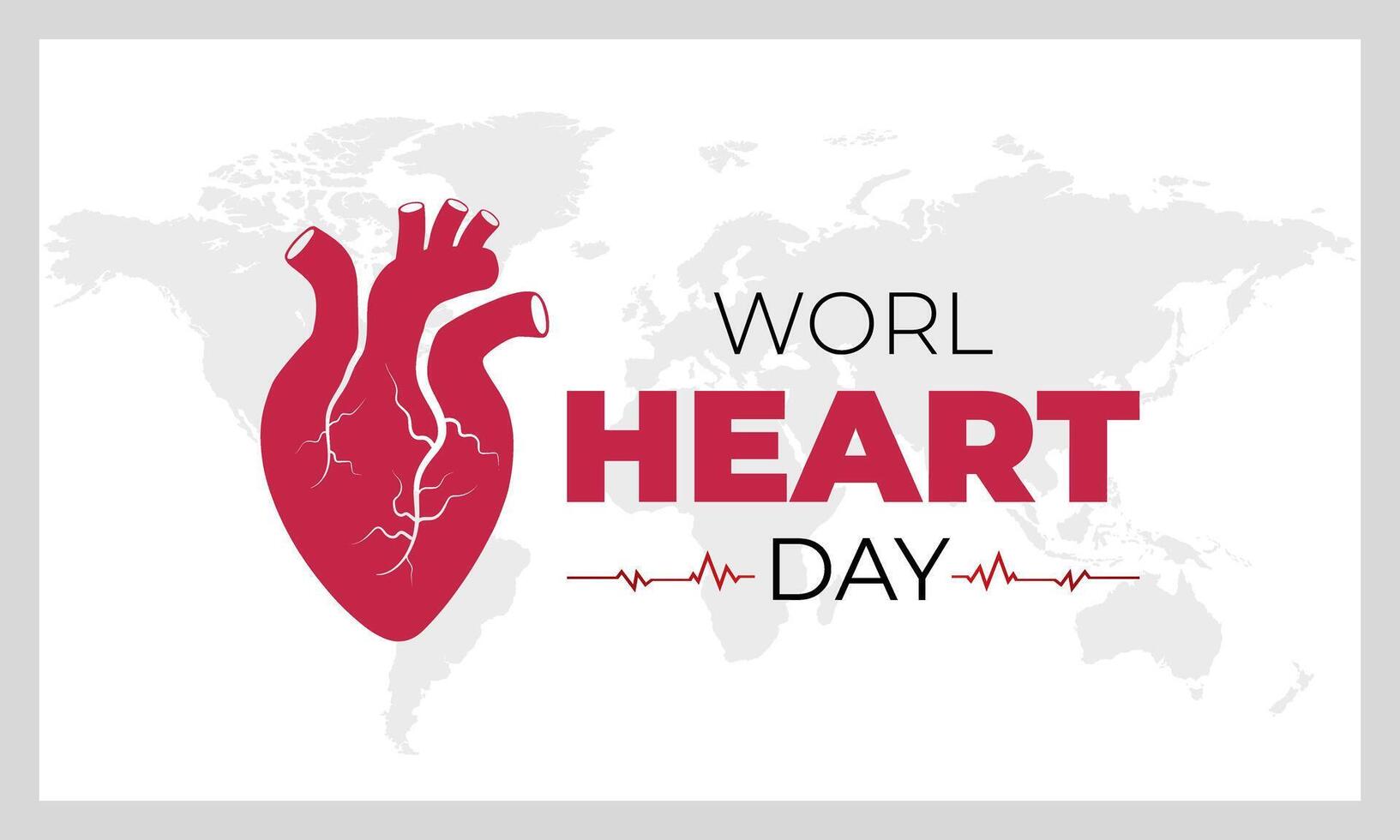 World Heart Day design with human heart shape, heartbeat sign, and world map background. vector