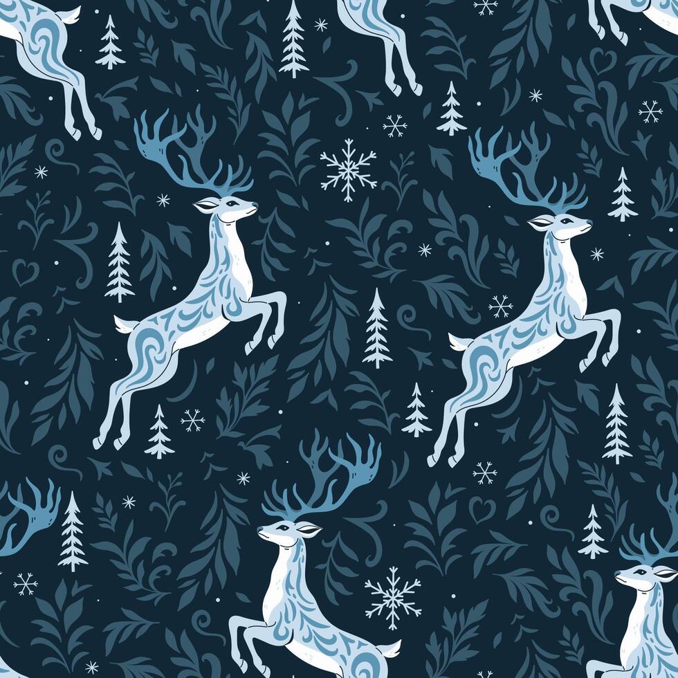 Seamless pattern with deer and frost patterns. graphics. vector