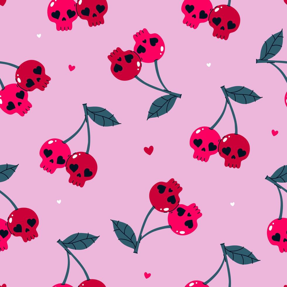 Seamless pattern of cherries skulls on a pink background. graphics. vector