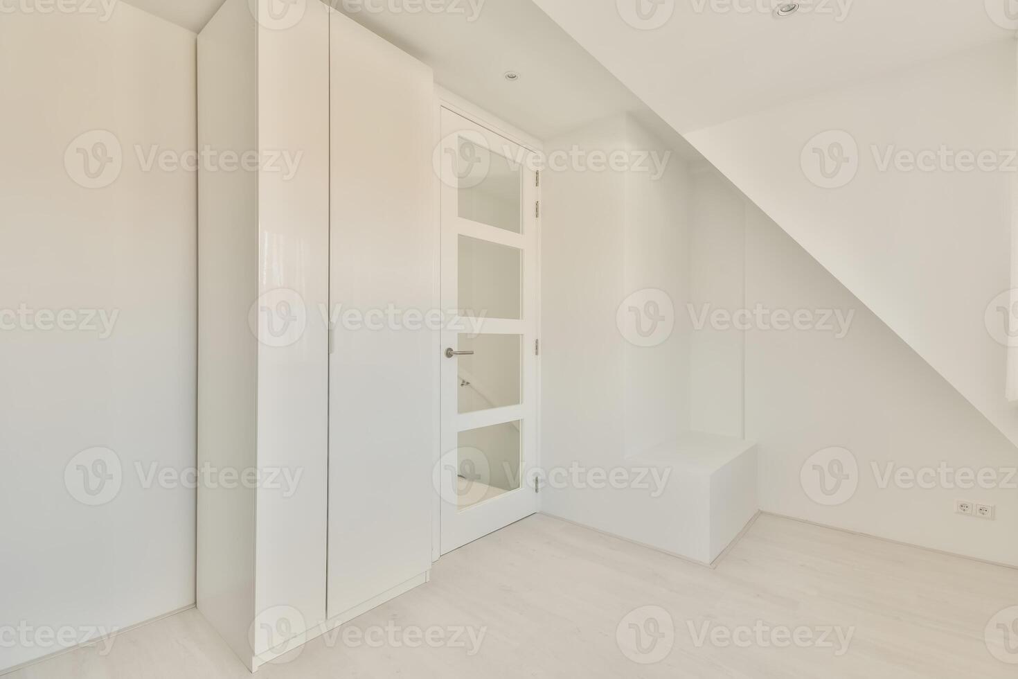 A white room with a door and a closet photo