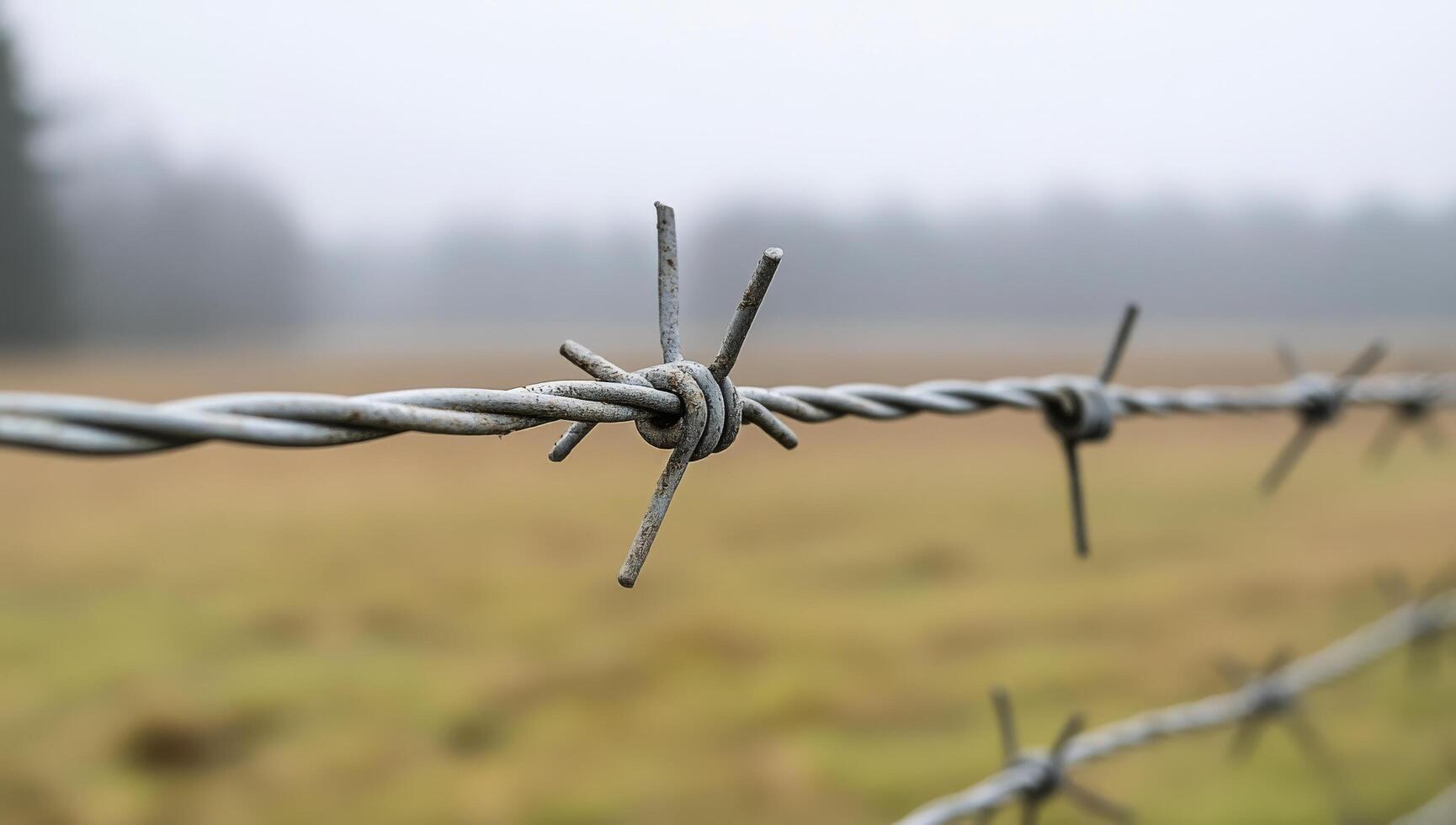Barbed wire fence along a rural field at dusk with gentle sunlight illuminating the landscape photo