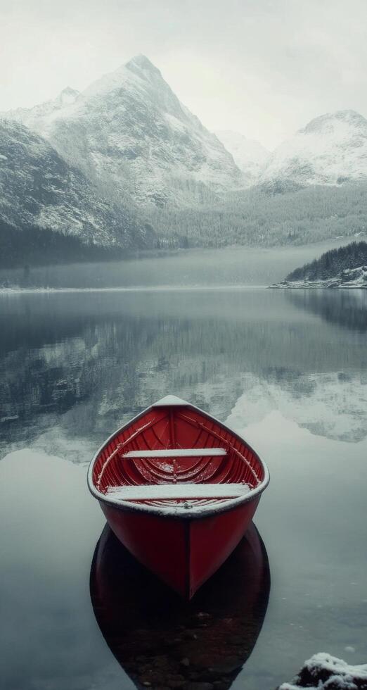 A solitary red boat anchored in calm waters surrounded by misty snow-covered mountains photo