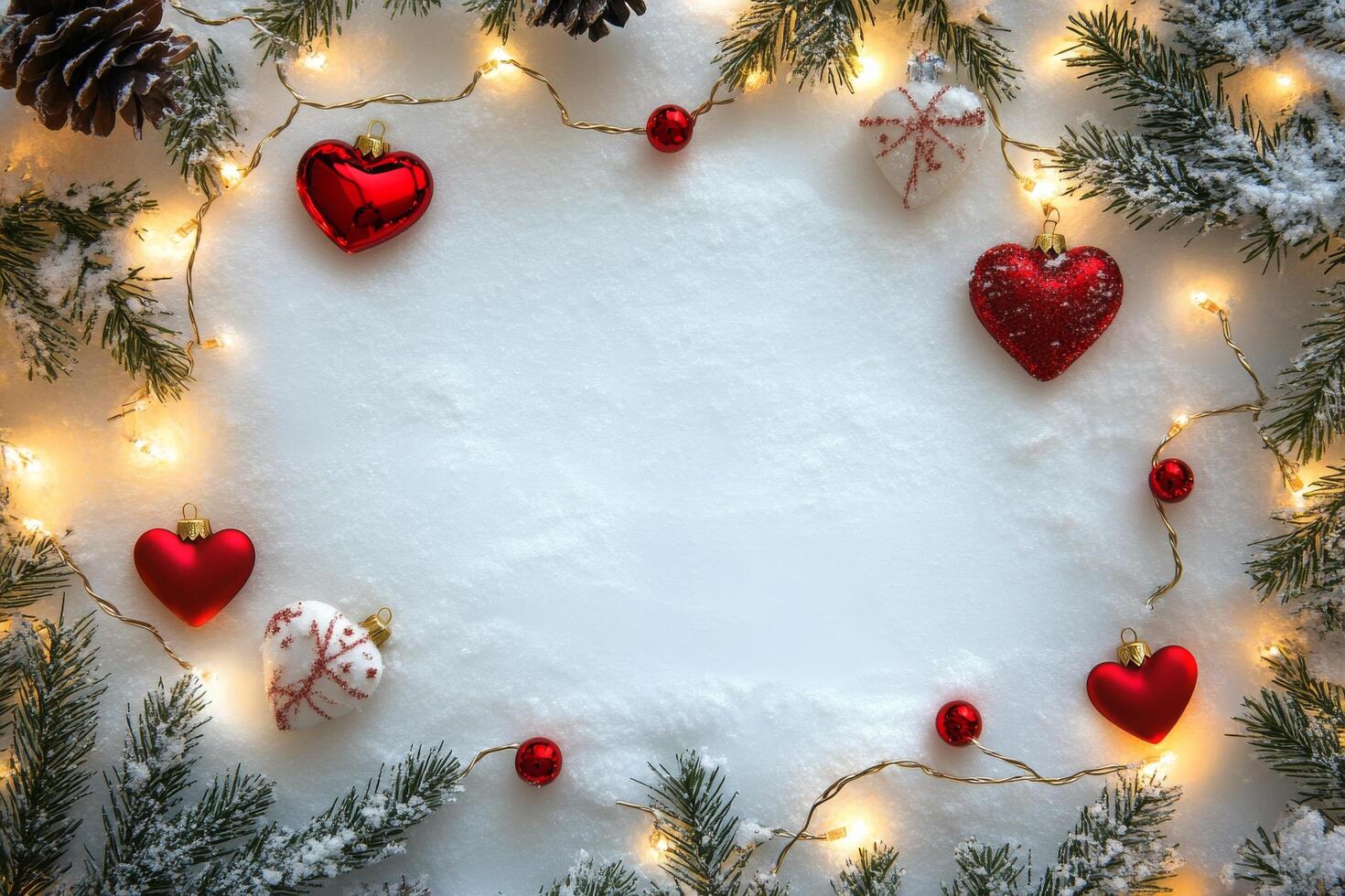 Festive holiday decoration with red hearts, lights, and snow creating a cheerful atmosphere photo