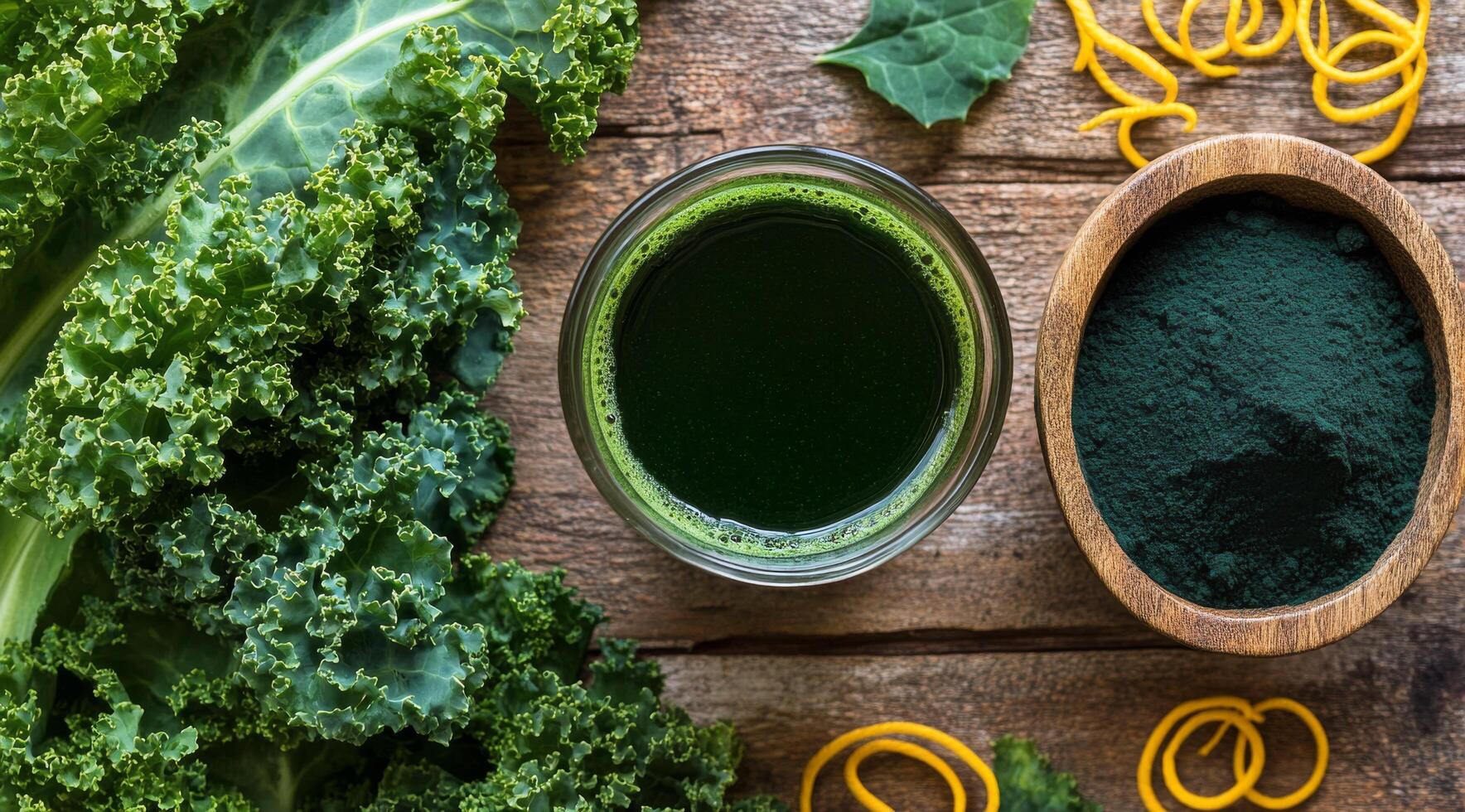Fresh green smoothie with kale and spices on a rustic wooden table photo