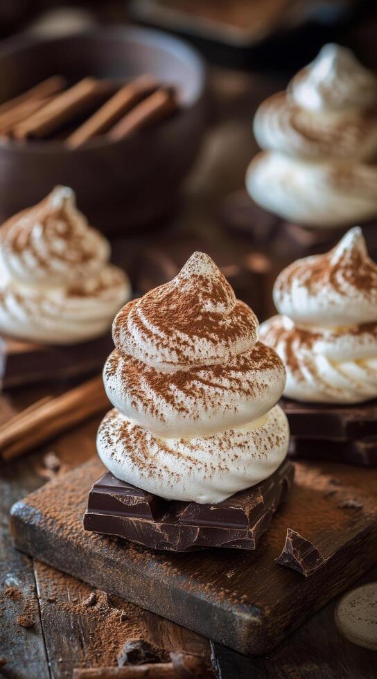 Delicious meringue cookies topped with cocoa powder near dark chocolate and cinnamon sticks photo