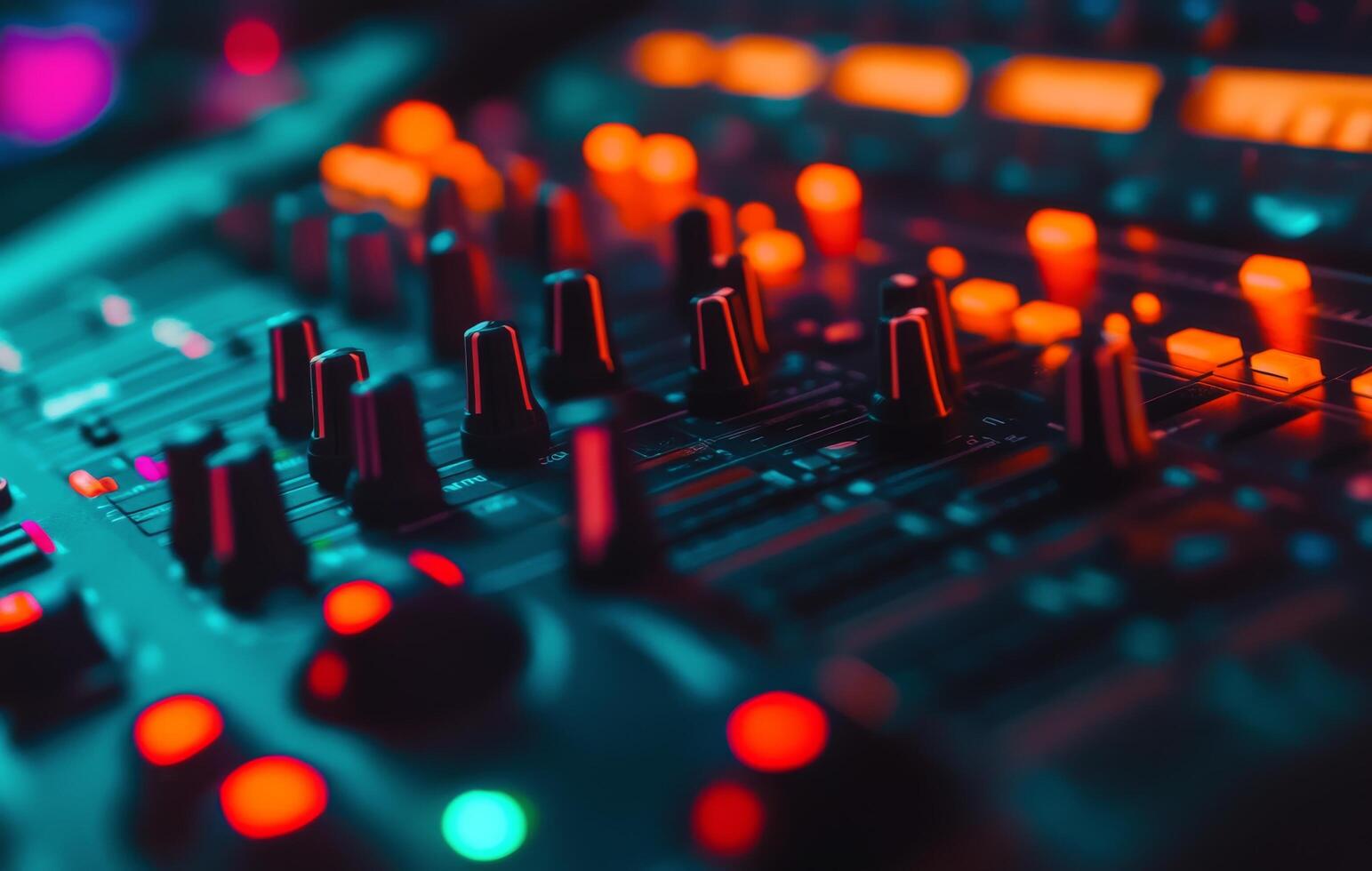 Close-up view of an illuminated sound mixing console with vibrant buttons and dials at night photo