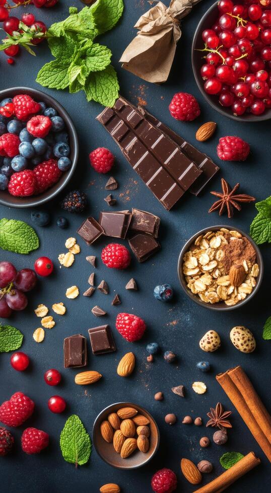 A colorful array of fresh berries, nuts, and chocolate arranged artistically on a dark surface photo