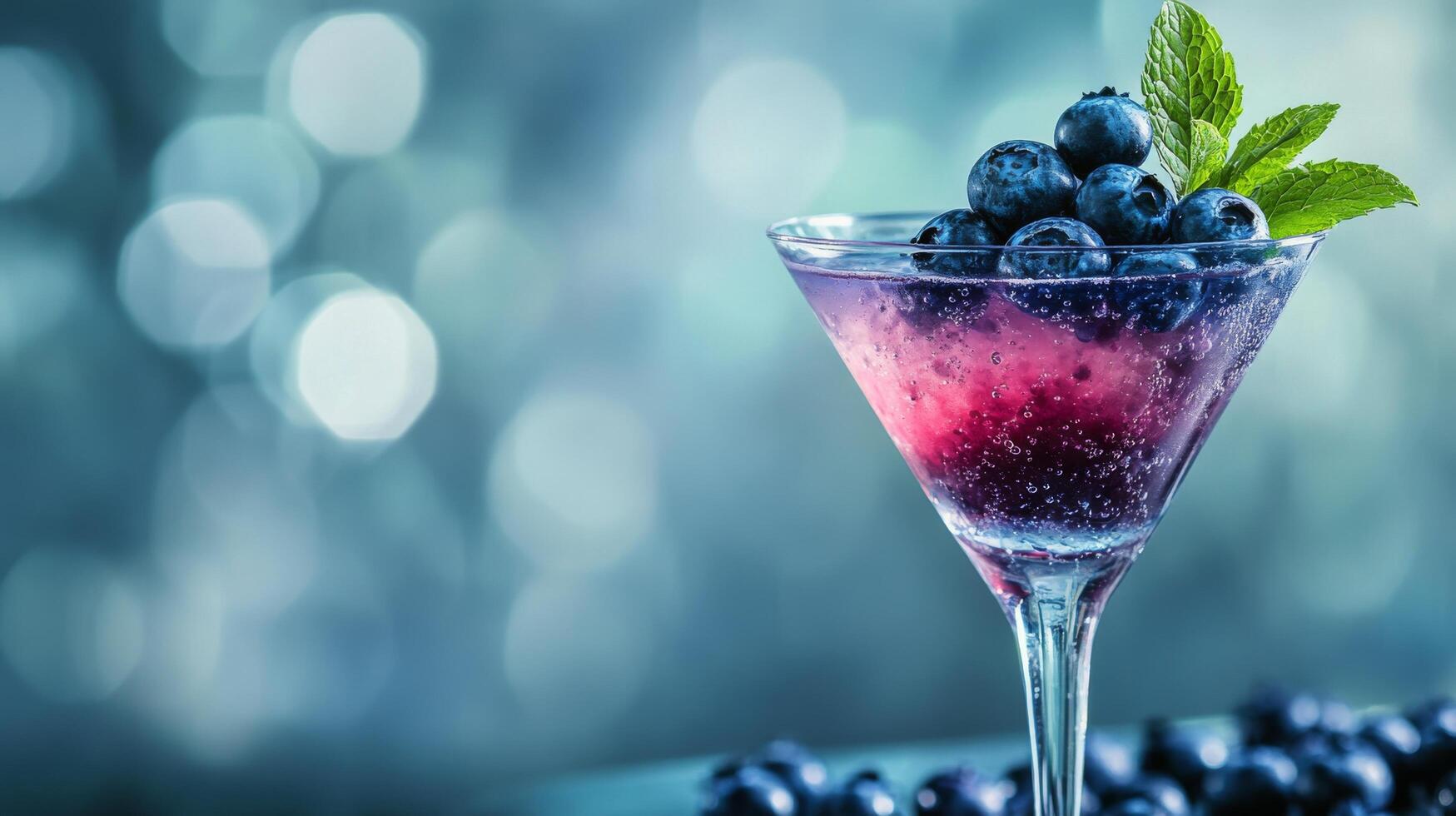 Refreshing berry cocktail garnished with mint and blueberries on a colorful blurred background photo