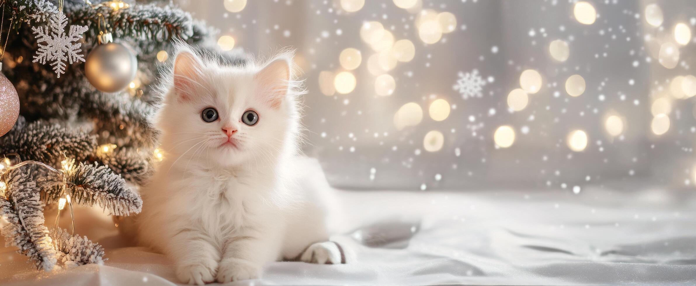 Adorable fluffy white kitten sitting near a festive Christmas tree with twinkling lights photo