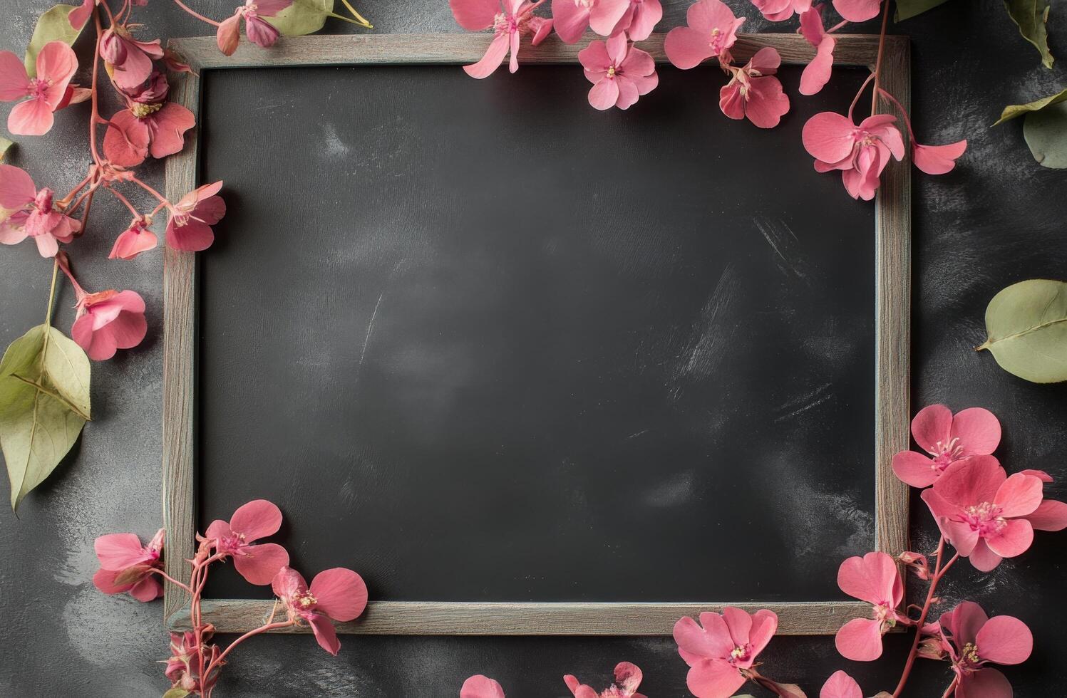Vibrant pink flowers arranged elegantly around a dark textured surface in springtime photo