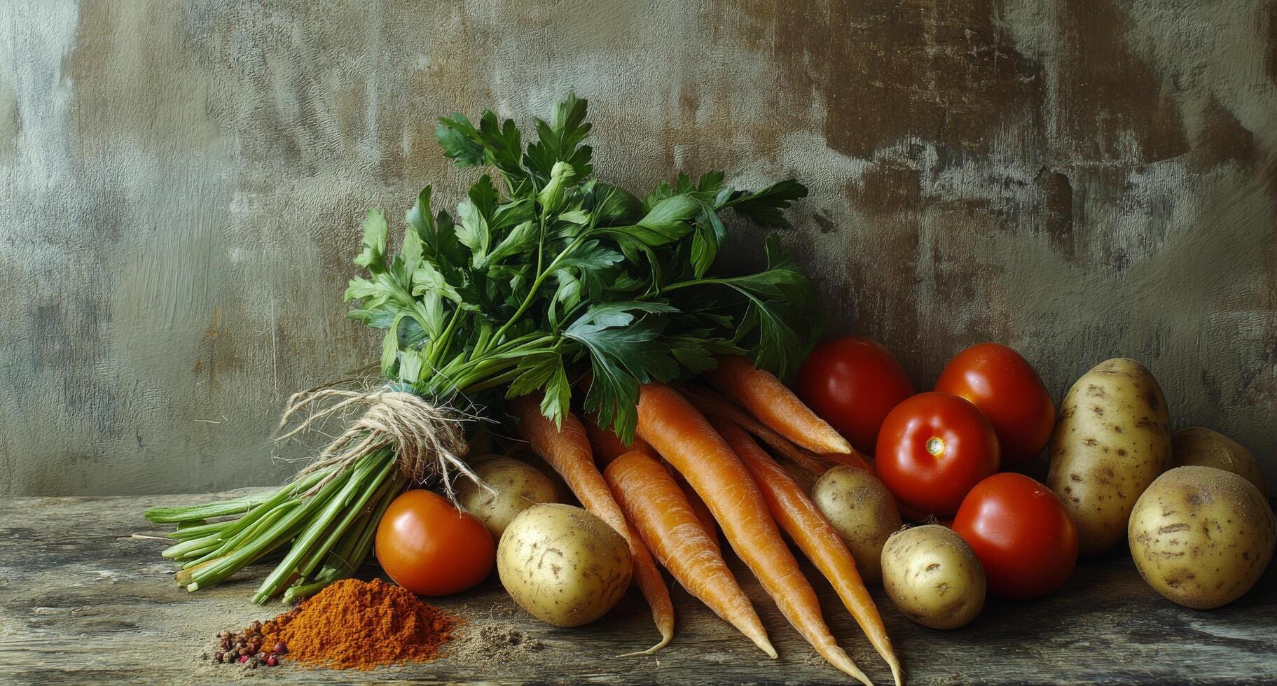 Fresh vegetables and herbs arranged on a rustic wooden table for healthy cooking photo