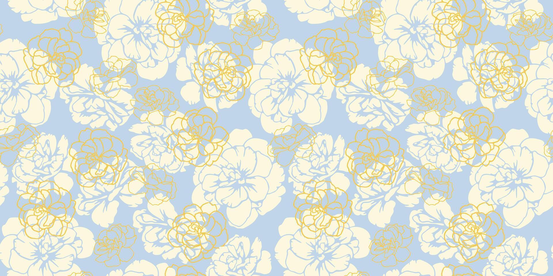 Colorful abstract shapes buttercups, pansies flowers seamless pattern with blue background. Creative contour silhouettes, lines, outlined floral print. Unique nature ornament for designs vector