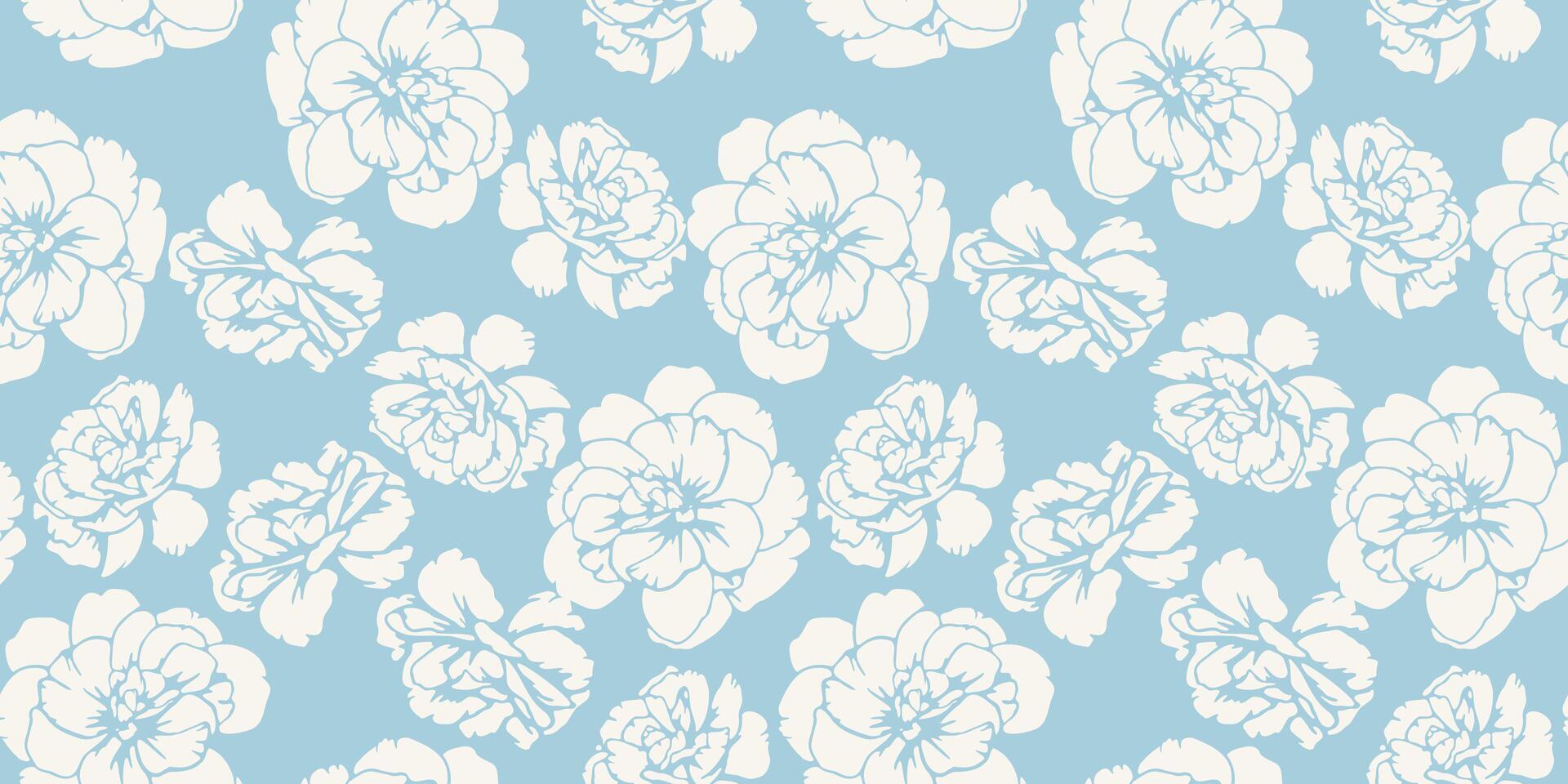 Abstract shapes buttercups, pansies seamless pattern on a pastel blue background. Bicolor contour silhouettes flowers print. hand drawn. Plain nature ornament for designs vector