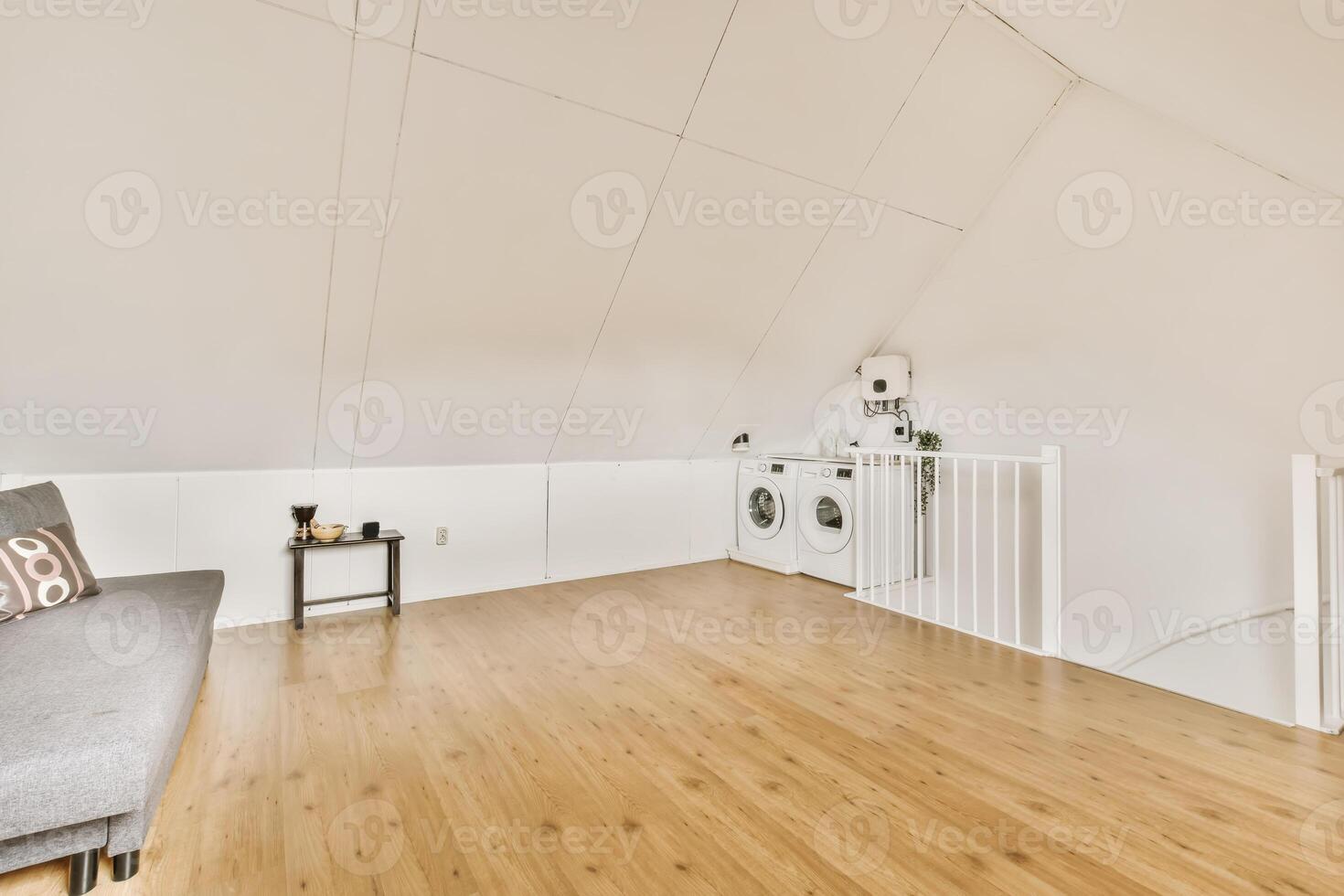 A loft with a washing machine and a couch photo