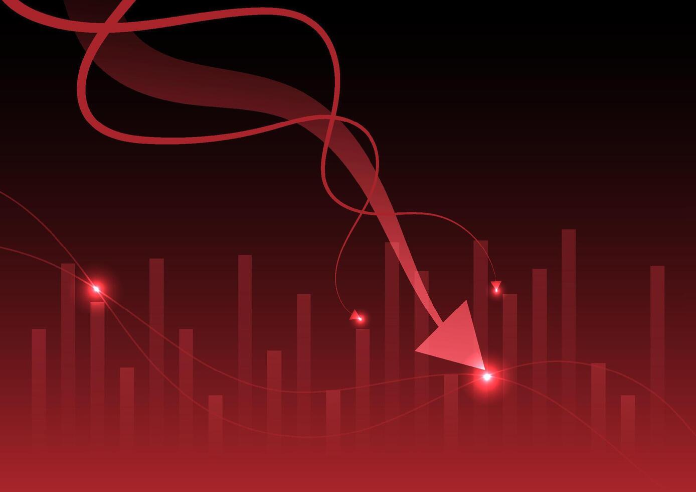 Economic critical crisis concept. The lower arrow and shiny on red background. Recession financial, cryptocurrency, gold, and the stock market. Losing money and cash. vector