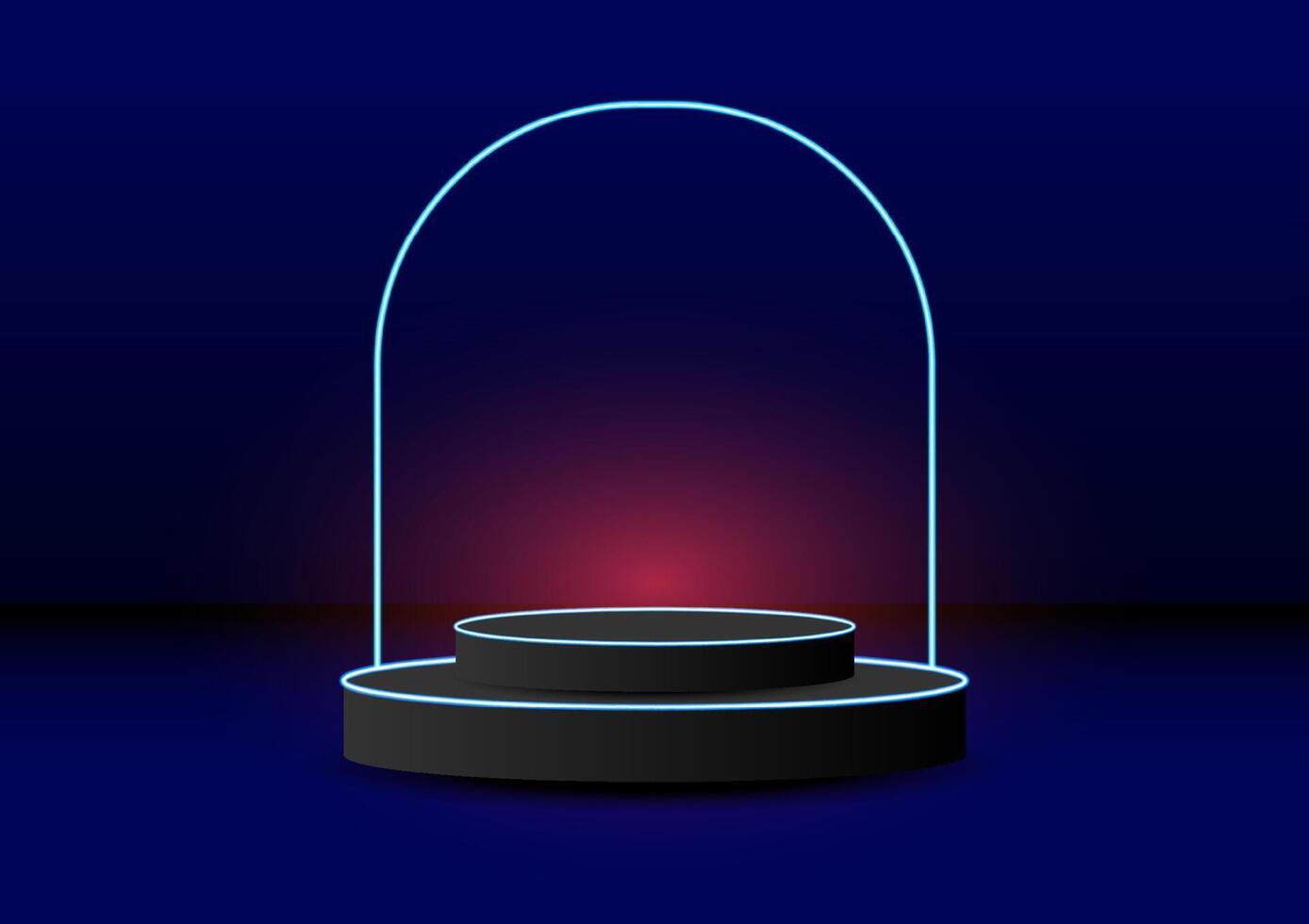 The black cylinder pedestal podium display with a dark blue empty room background for the award ceremony. Products display and showcase presentation. vector