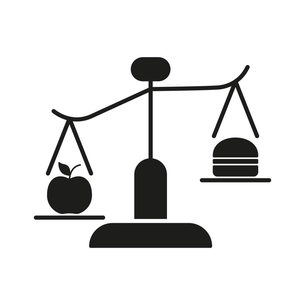 Scale Silhouette Icon with Balancing Apple And Burger, Healthy Food Versus Unhealthy Eating. Isolated Illustration vector